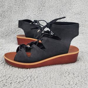 Lucky Brand Women's Sandals Sz 6 Black Leather Wedge Boho Lace Up Open Toe Shoes